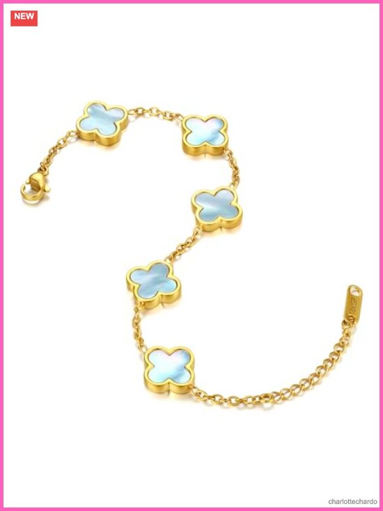 Jewelry - Genuine Mother of Pearl Four Leaf Clover Bracelet, 18K Gold Plated Dainty